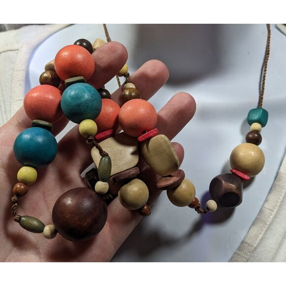 Rainbow Chunky Wood Beaded Statement Necklace - Picture 4 of 8